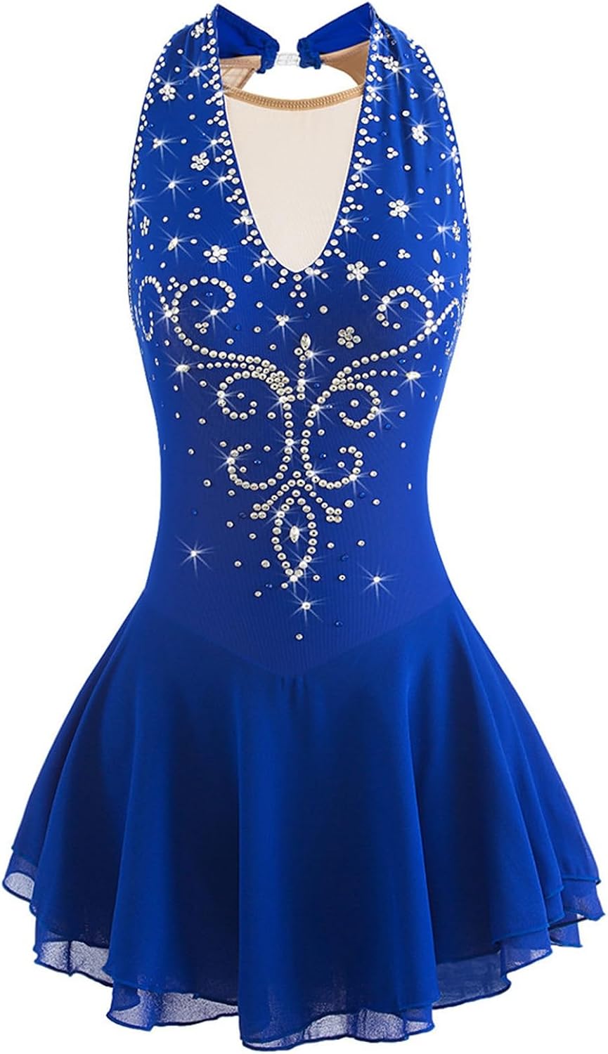 Figure Skating Dress Girl Sleeveless Open Back Rhinestone Professional Competitiona Wear