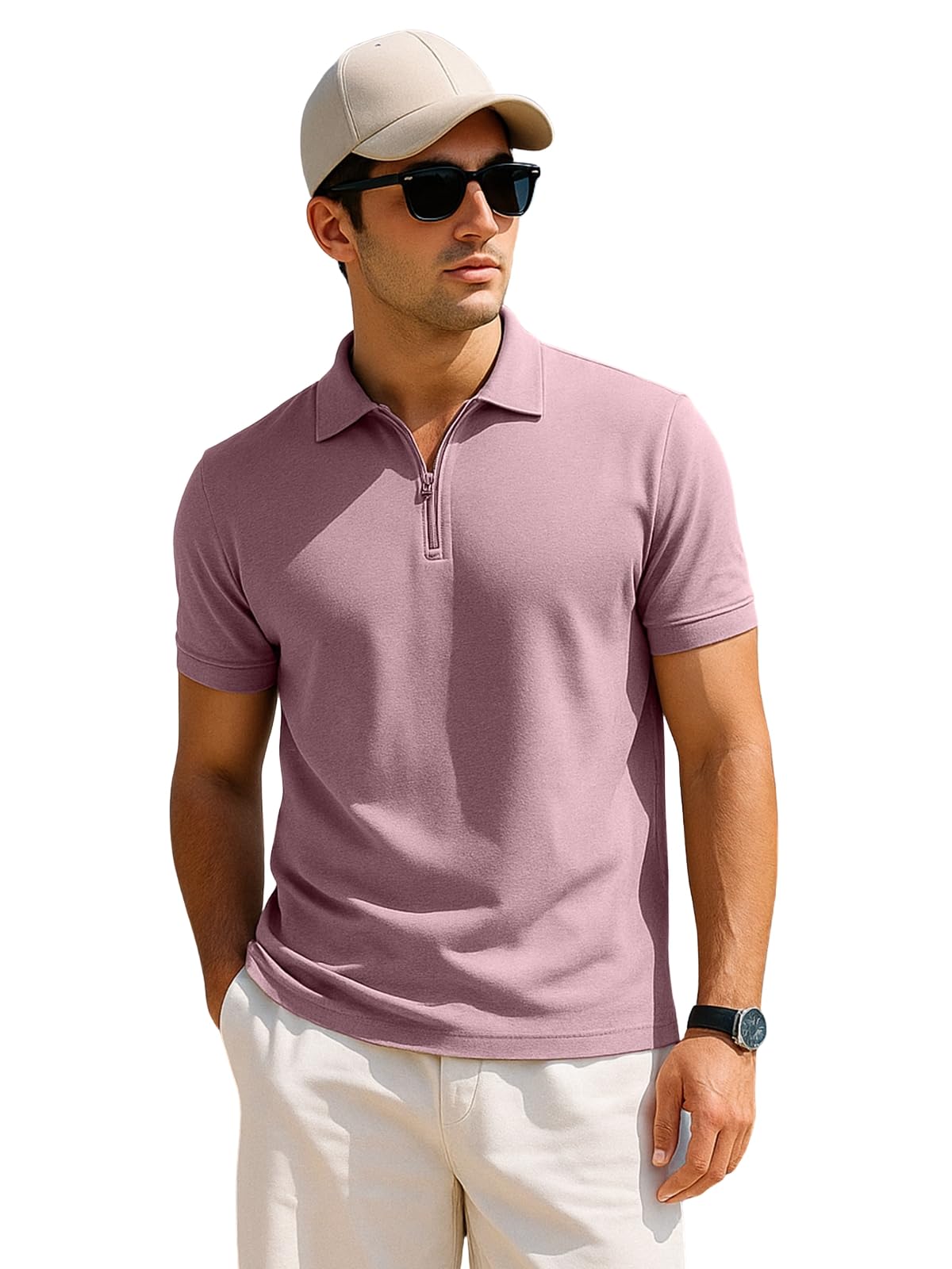 veirdo Men’s Cotton Pique Polo | Premium Zip Neck Casual T-Shirt | Half Sleeve | Black Beauty, Serenity, Wheat, Zephyre-picture-17
