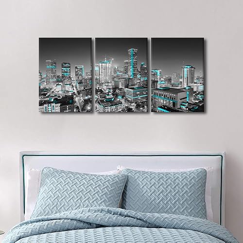Miniatura 10 de TFIAVSIN 3 paneles de lienzo blanco y negro para pared, diseño panorámico de paisaje urbano nocturno de Cleveland, Ohio, Estados Unidos, pintura