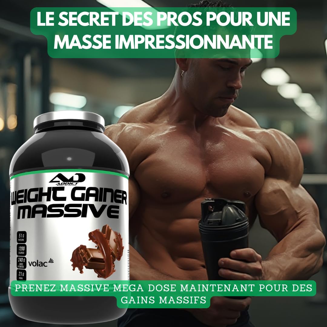 Addict sport nutrition - Weight gainer massive - Prise de masse musculaire avec protéine concentrée - Ultra calorique 1200 kcal par dose - 51g de protéine et 21g de BCAA - 2,5 kg - Goût cookie