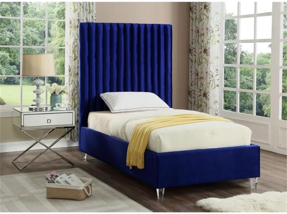 BOWERY HILL Contemporary Twin Bed, Solid Wood Frame, Navy Tufted Velvet Upholstery, Acrylic Legs, 44" W x 81" D x 65" H, No Box Spring Required, Elegant Bedroom Furniture