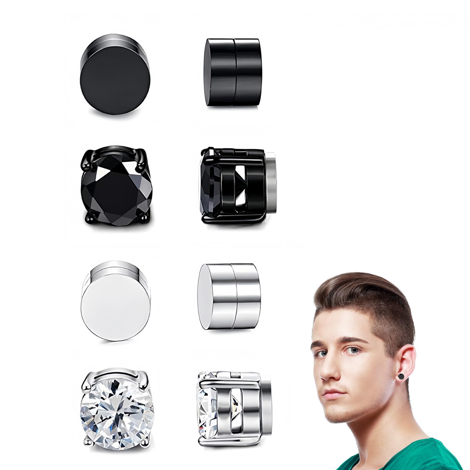Orecchini senza Buco Uomo, Orecchini Finti Uomo con Magnete Forte, 4 Paia di Orecchini a Clip Magnetici senza Perforazione per Look Elegante e Casual