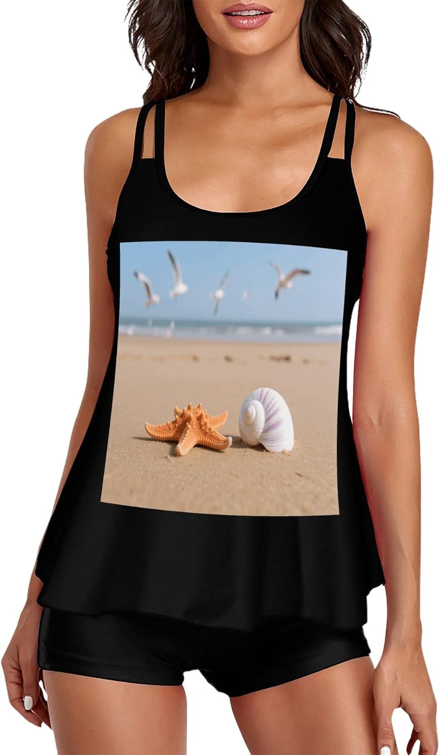 Beach Starfish Conch Tankini Swimsuits for Women Tummy Control Two Piece Bathing Suits Swim Tops with Boy Shorts