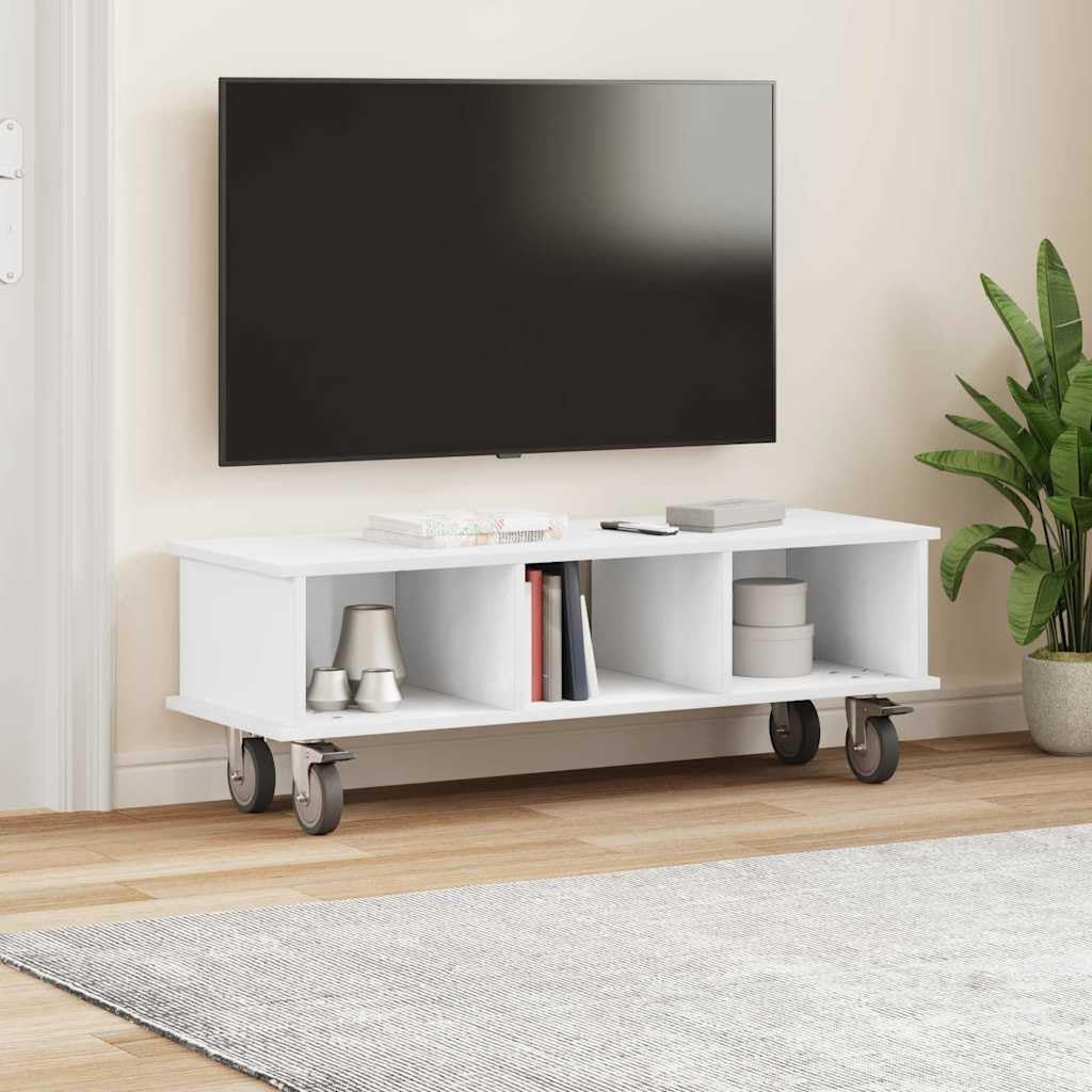 Stojak na telewizor, biały, materiał drewnopochodny, 100 x 35 x 35 cm, do salonu, na ławkę telewizyjną, meble multimedialne ze schowkiem, otworem na kabel i przegródkami, do odbiornika, kina