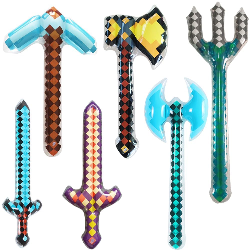 Inflatable Toys Weapon Sword, 6Pcs Minnecraft Inflatable Toys Inflatable Sword for Kids Mixed Inflatable Swords Inflatable Pixel Craft Swords for Cosplay Birthday Pool Halloween Party Supplies