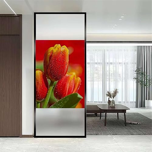 Miniatura 3 de Adhesivos estáticos para ventana, vinilo con diseño de flores, vitrales, sin pegamento, control térmico, tulipanes que florecen en el jardín, 17.7