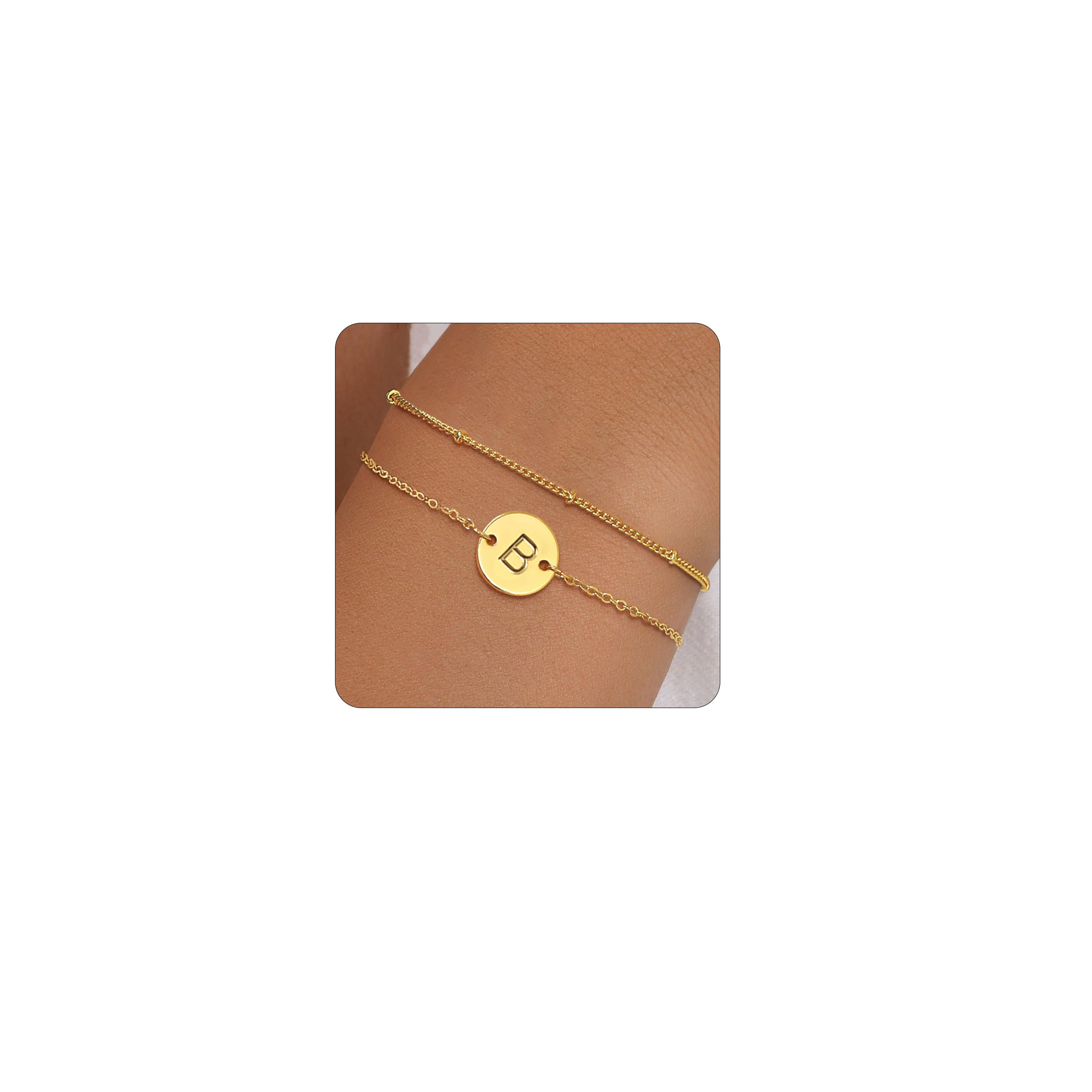 KAERUN Gold Initial Bracelets for Women Non Tarnish 14K Gold Filled Dainty Initial Letter Gold Bracelet Stack Personalized Coin Disc Charm Bracelets Waterproof Gold Jewelry Gifts