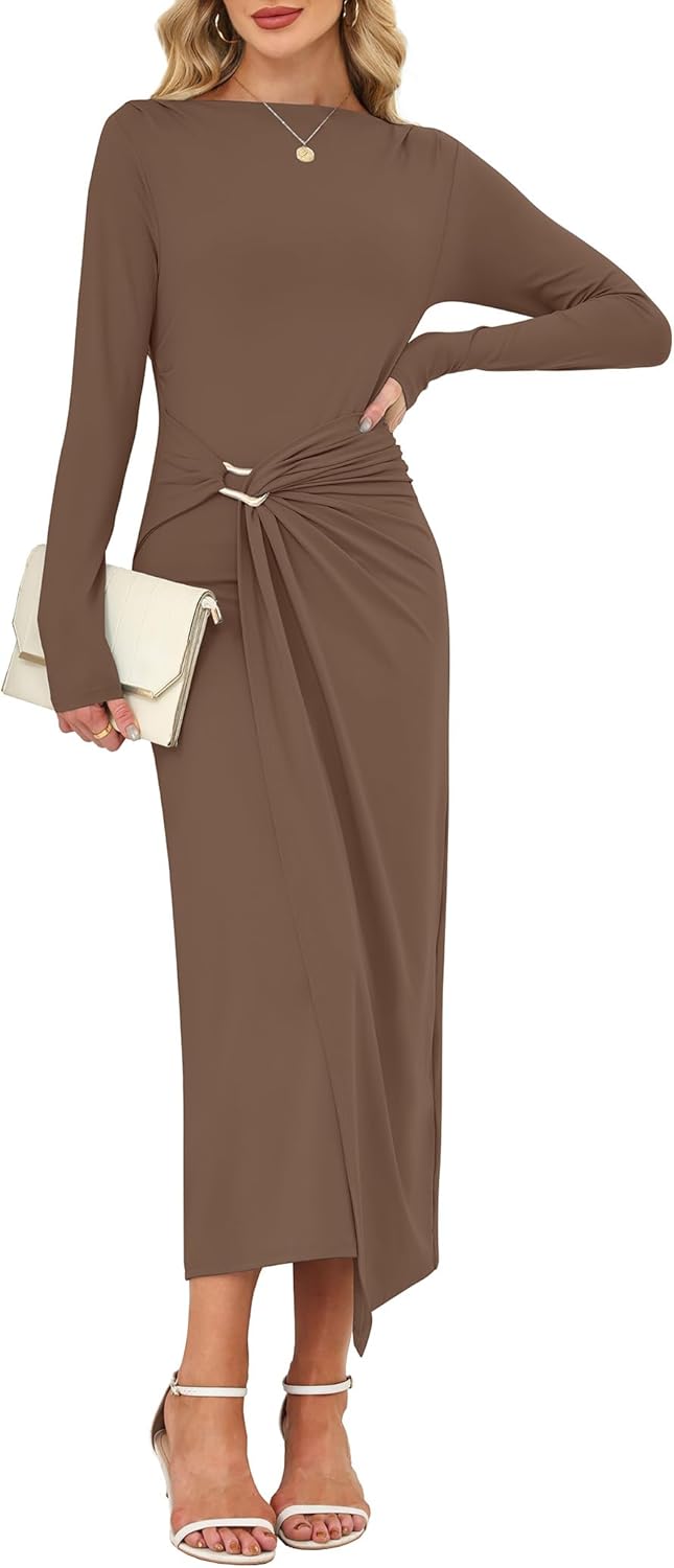 Women's Long Sleeve Wedding Guest Dress 2026 Spring Elegant Bodycon Boat Neck Formal Cocktail Party Midi Dresses