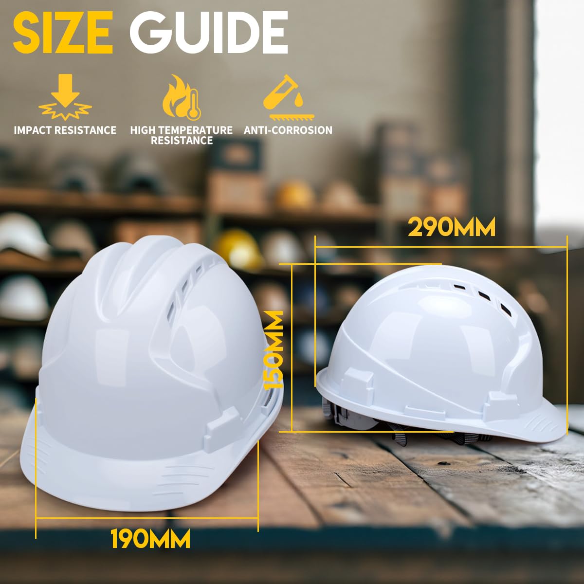 Casque de sécurité Blanc ABS, certifié EN398, avec des Vents d'aération et Une Bande Frontale réglable, Casques industriels pour Le bâtiment, la Construction et Les Chantiers de Travail.