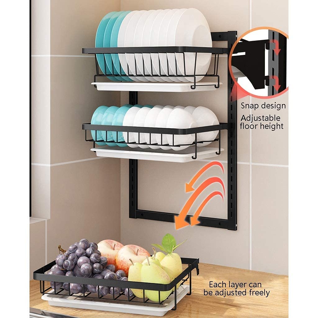Escurridor de Platos de Cocina de Tres Niveles para Montaje en Pared, de Acero Inoxidable con Bandeja de Drenaje, Soporte/Gancho para Cuchillos y Palillos, sin Perfo,