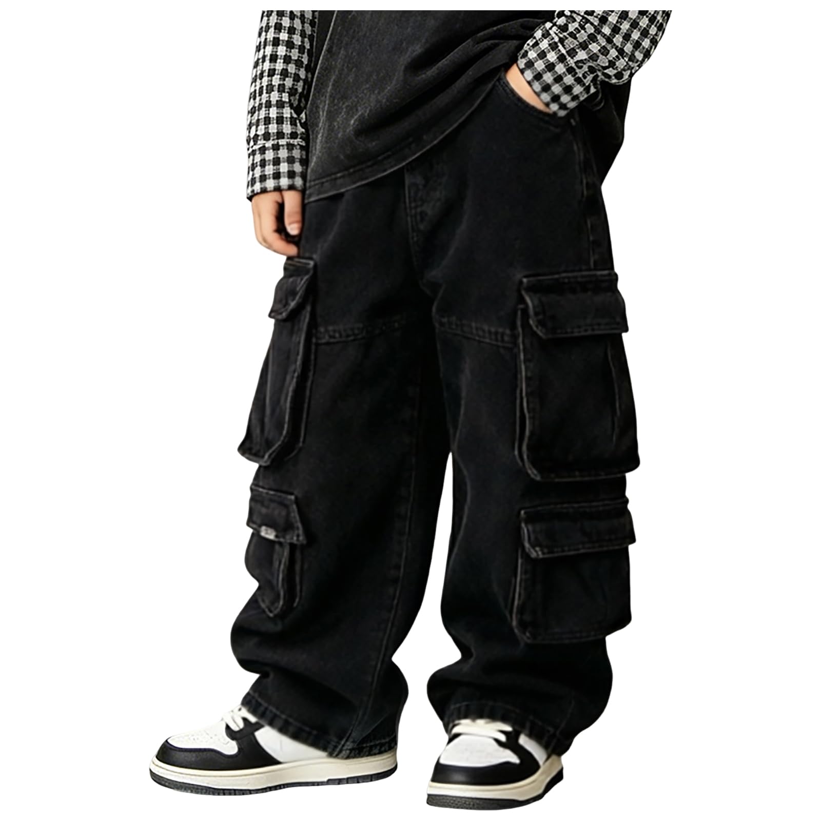Pantalones Cargo Vaqueros Pierna Ancha para Niños Denim Lavado Desgastado con Bolsillos Grandes Pantalones Holgados Resistentes para Viajes Excursiones Familiares Multifuncional Tallas Completas