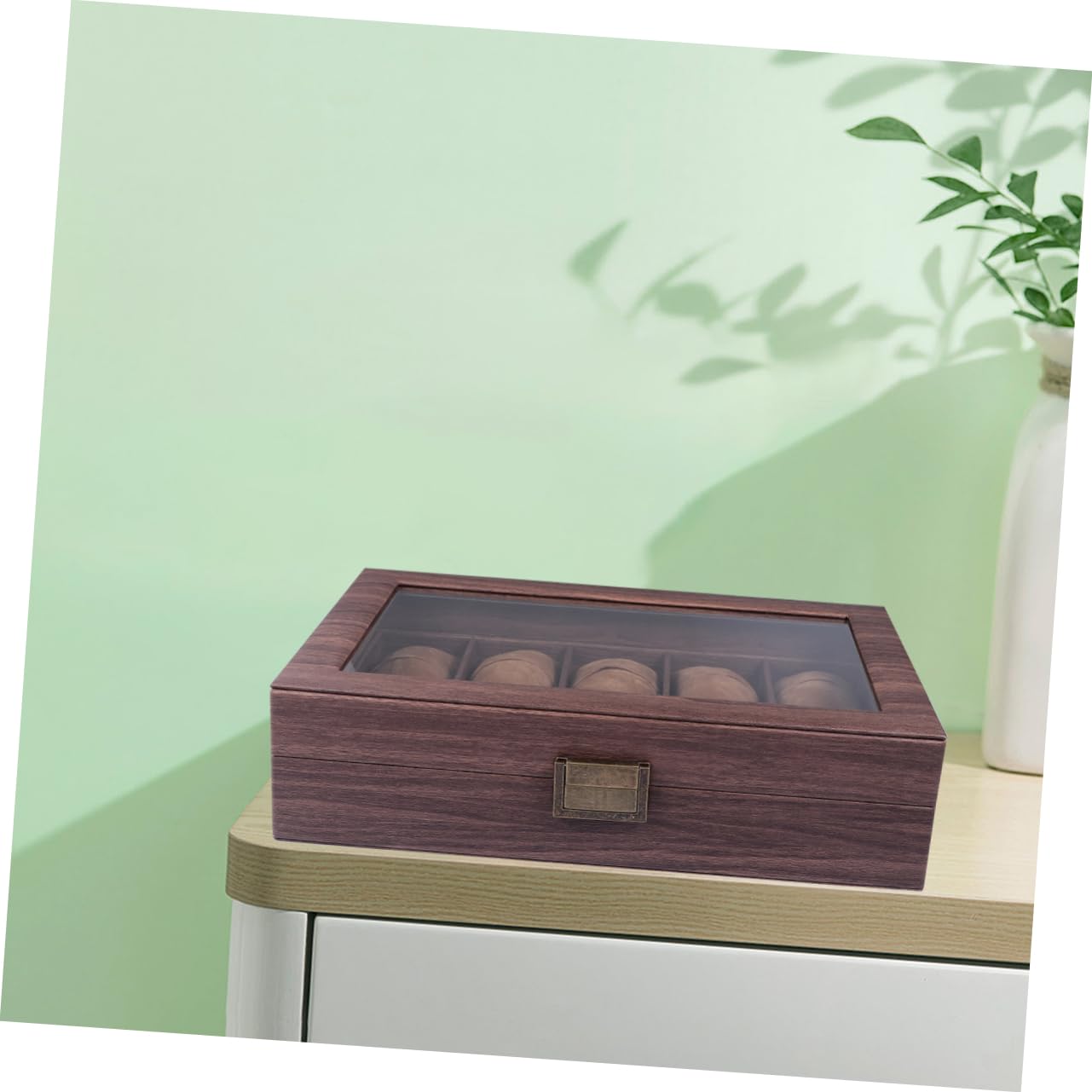 Caja De Relojes Cuero Sintético Veta De Madera Ranuras Expositor Cerrado