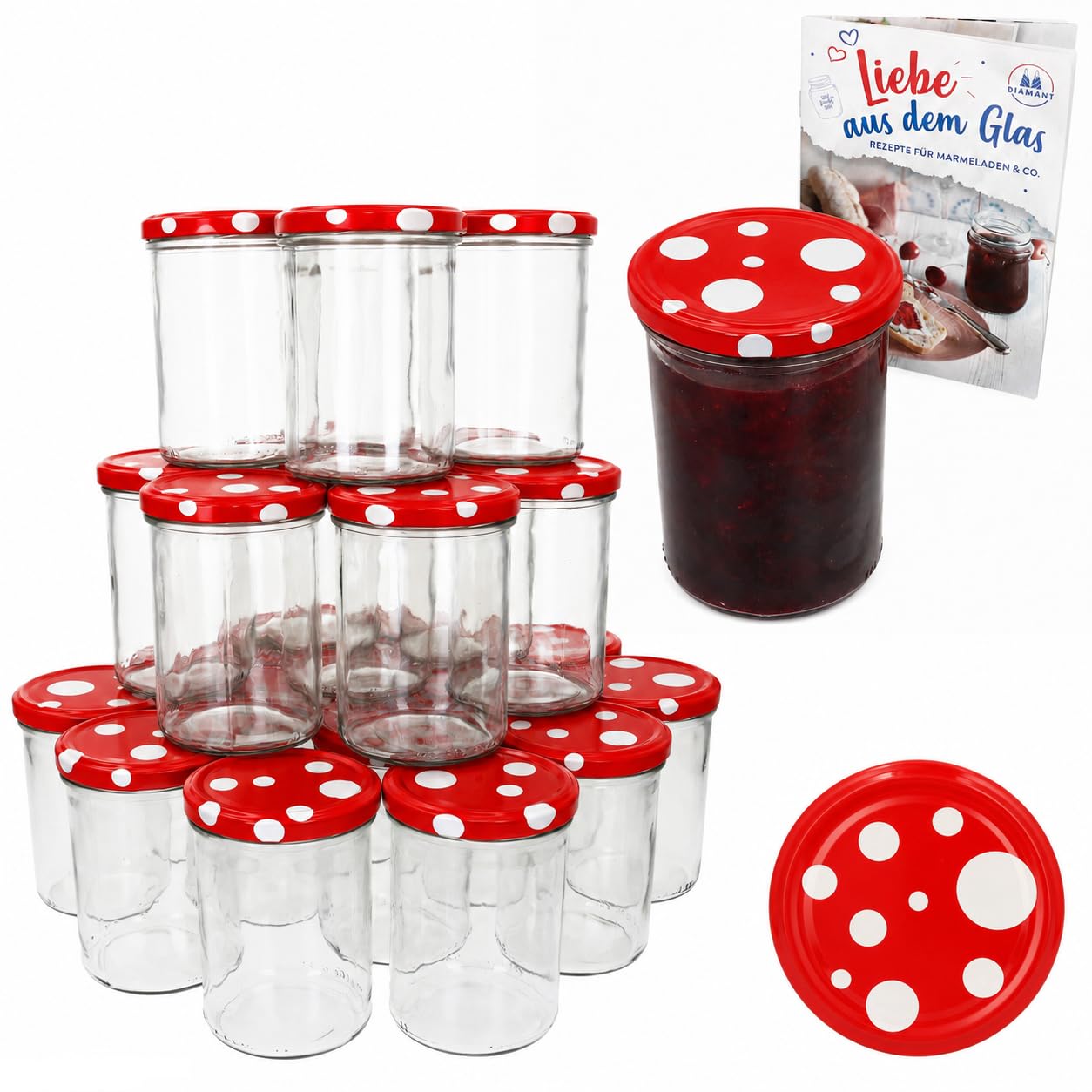 Set 50 barattoli in vetro per marmellate e conserve, capacità 435 ml, con coperchio rosso e bianco, ricettario incluso