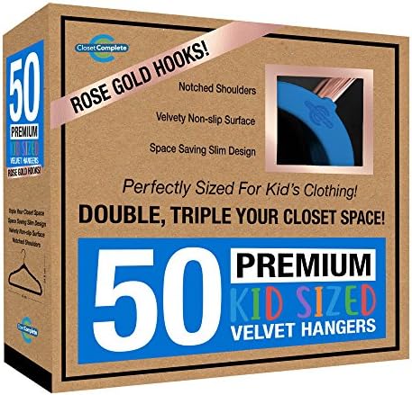 Closet Complete Kids Size, Premium Heavyweight, Virtually-UNBREAKABLE, Velvet Hangers, Ultra-Thin, Space Saving, No-Slip, Best Size For Kids 4-15 years, 360º Spin, Rose Gold Hooks, Blue, Set of 50