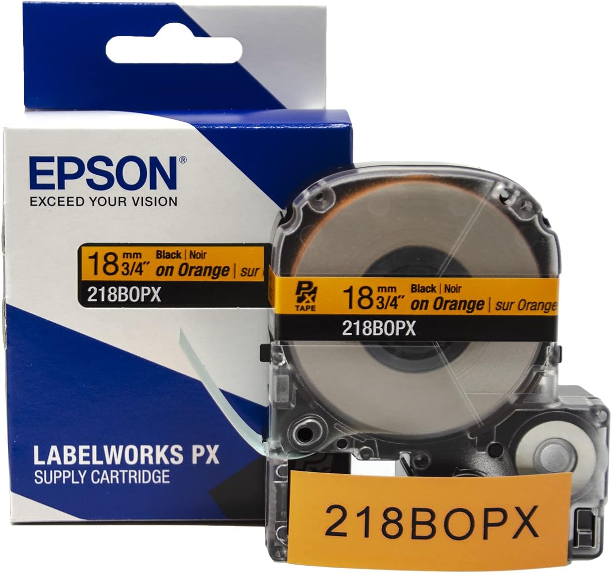 Epson LABELWORKS 218BOPX Genuine PET (Polyester) Tape Cartridge - Black on Orange Label Maker Tape - 3/4" (18MM) Wide, 30'