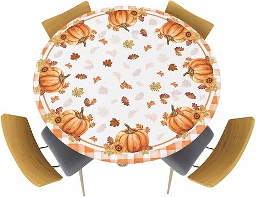 Miniatura 2 de Mantel para mesa de cocina de otoño con diseño de calabaza, a cuadros de búfalo naranja, impermeable, con borde elástico, hojas de arce otoñales,