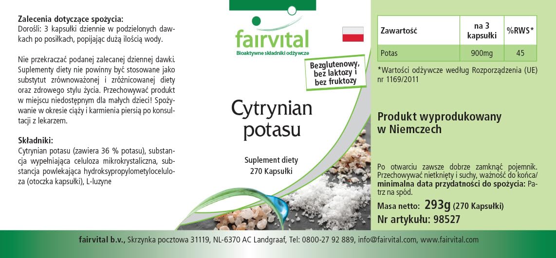 fairvital Citrate de potassium en gélules, HAUTEMENT DOSÉ, 300mg de potassium par gélule, VÉGÉTALIEN, Potassium Citrate, 270 gélules