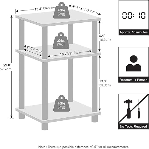 Miniatura 2 de Furinno JUST Mesita de Noche, Mesita de Noche Turn-N-Tube de 3 Niveles, Mesa de Cabecera sin Herramientas, Mesa Auxiliar, Mesa Lateral con Roble