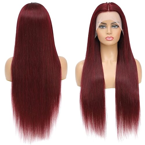 Miniatura 10 de Pelucas de cabello humano con encaje frontal de 13 x 4 pulgadas  99J borgoña encaje frontal pelucas de cabello humano prearrancado rojo peluca con