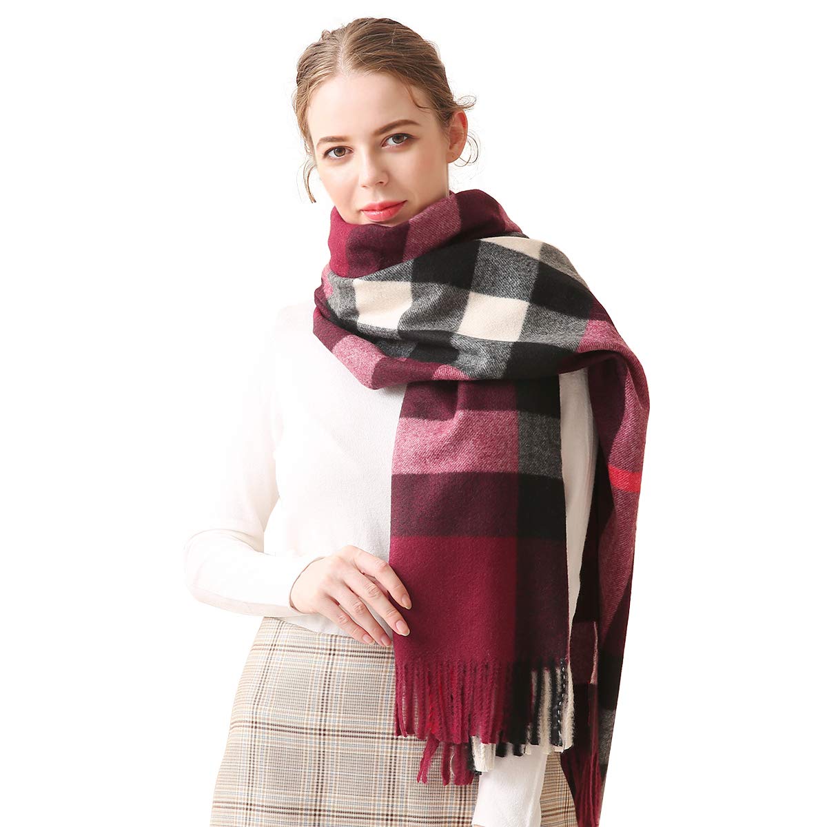 LumiSyne Zimowy senior w kratę kaszmirowy szalik z frędzlami dla kobiet mężczyzn oversize Tartan etola klasyczny wzór karo miękki i pogrubiony szal w kratkę Pashmina, czerwony (Weinrot), jeden rozmiar