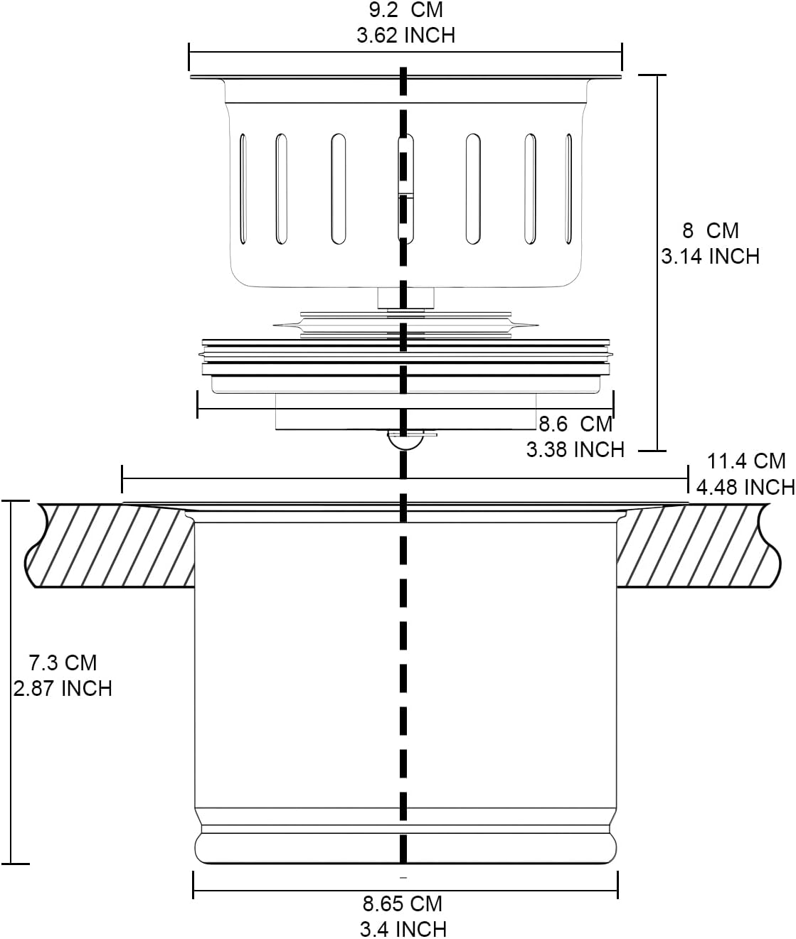 BOTEMY Extended Garbage Disposal Basket Strainer Stopper, Deep 304 Stainless Steel Kitchen Sink Flange for 3-1/2 Inch Standard Sink Drain Hole, Matte Black Deep Sink Disposal Stopper with Flange