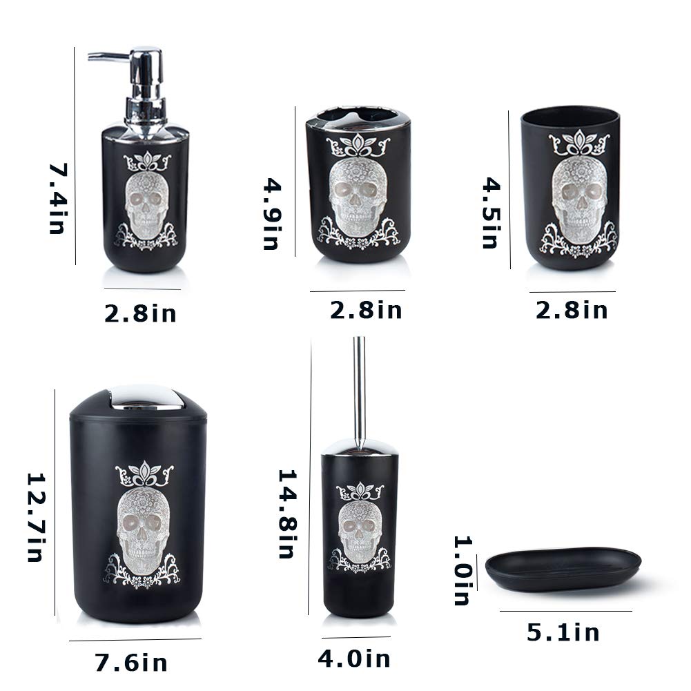 Juego de accesorios de baño de Halloween, 6 piezas de plástico, dispensador de jabón, soporte para cepillos de dientes, vaso, jabonera, papelera, soporte para escobillero de inodoro para encimera 3