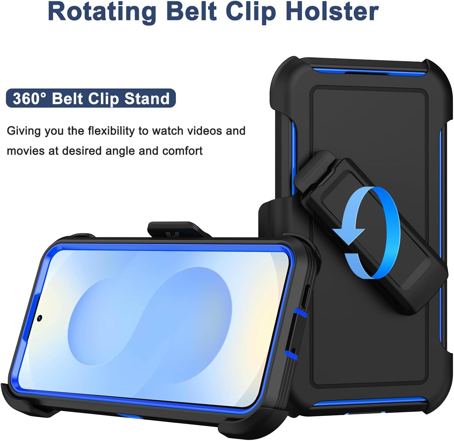 RubCase for Samsung Galaxy S25 Case, Samsung Galaxy S24 Case, with 2X Screen Protector, Dual Layer Bumper Cover with Belt Clip Holster & Kickstand Phone Case for Galaxy S25/S24 5G (Black/Blue)