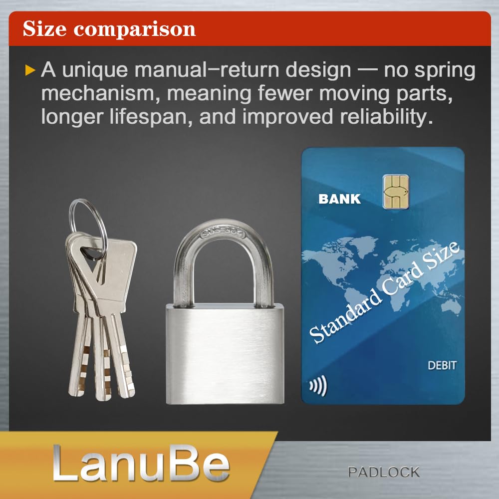 LanuBe - Candado de acero inoxidable 304 con llaves idénticas para uso en exteriores, cuerpo de 4,5 cm de ancho, cuerpo de acero inoxidable, asa normal