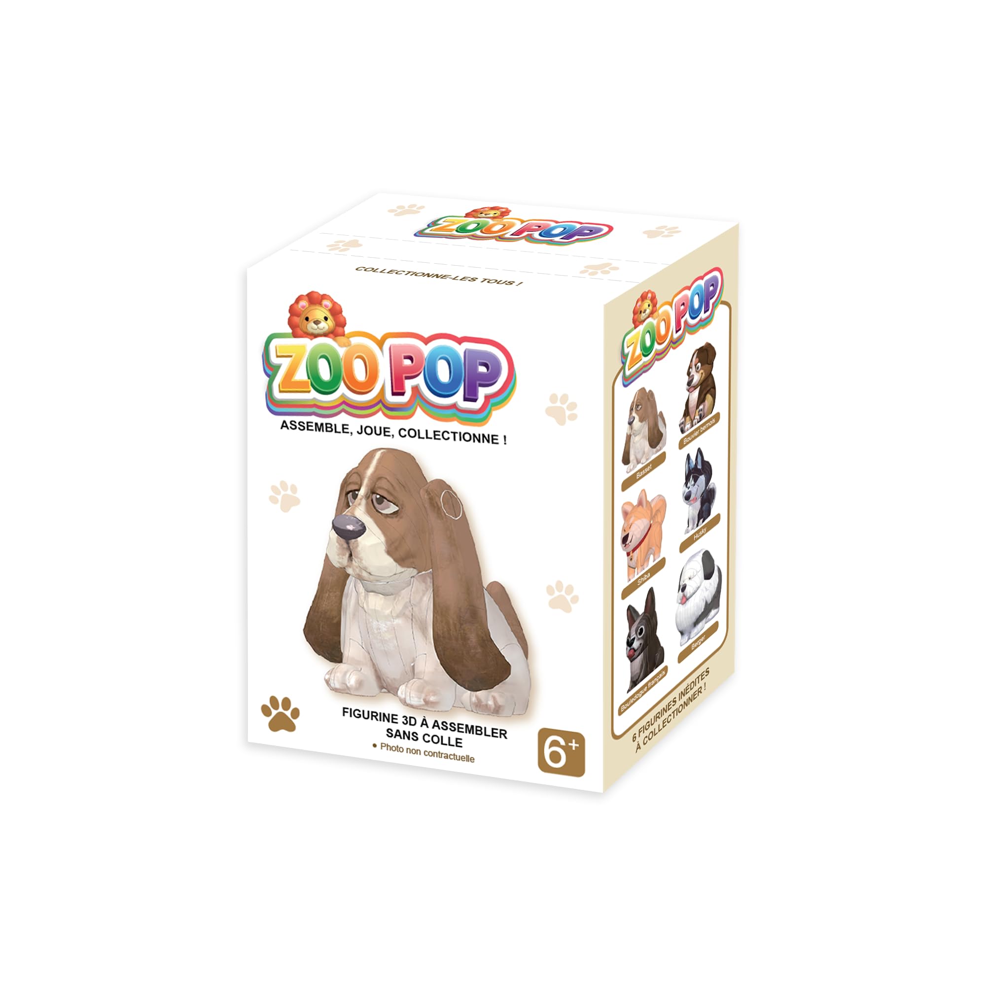 ZOO POP Espositore con 6 Personaggi 3D da Assemblare Senza Colla – Cani (Basset, Pastore, Bulldog Francese, Bovaro del Bernese, Husky, Shiba) – Attività Creativa – Personaggi da Collezione