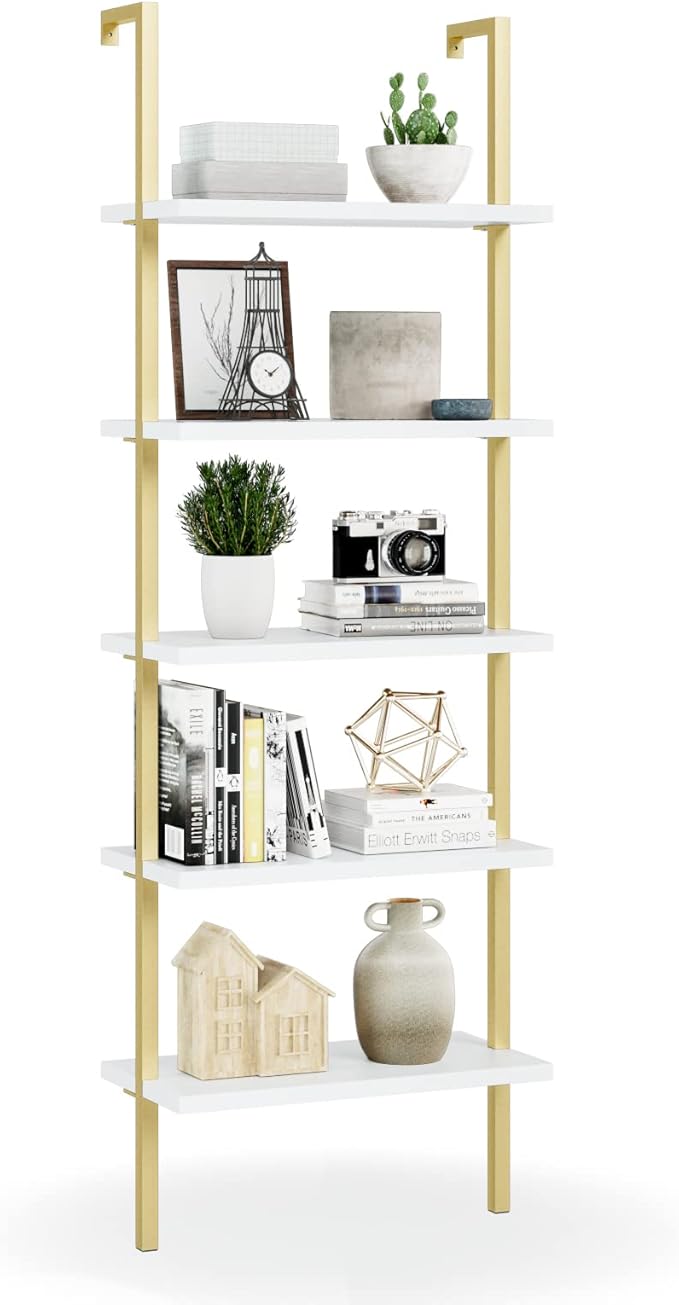 NUMENN 5 Tier Book Shelf, Industrial Ladder Shelf, Open