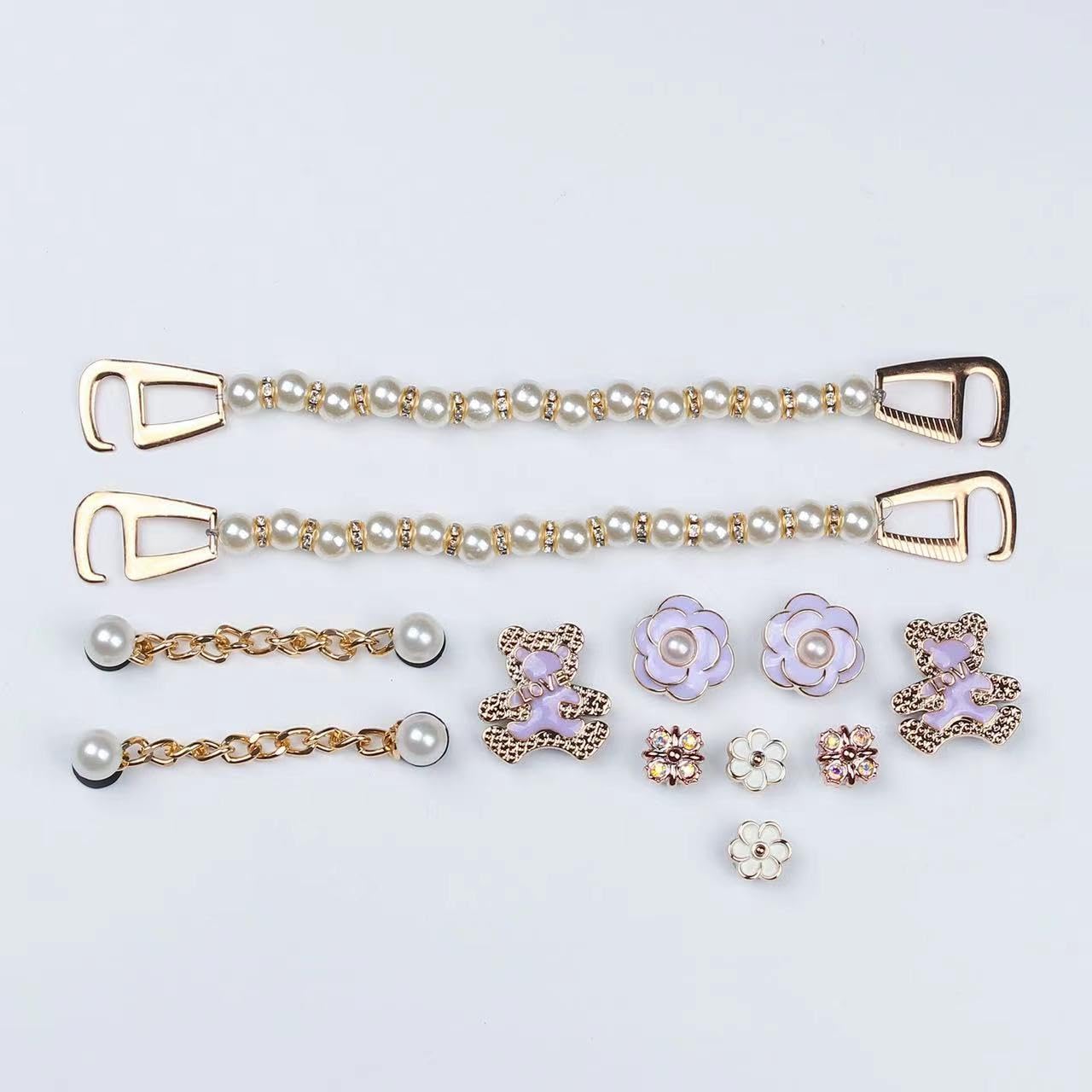 LEMONSTONE Crocs Charms Pins zestaw 12 sztuk, zdejmowane, urocze przypinki do butów z kwiatem, perłą, miś dla dzieci, dziewcząt i kobiet, błyszczące przypinki Croc (fioletowe)