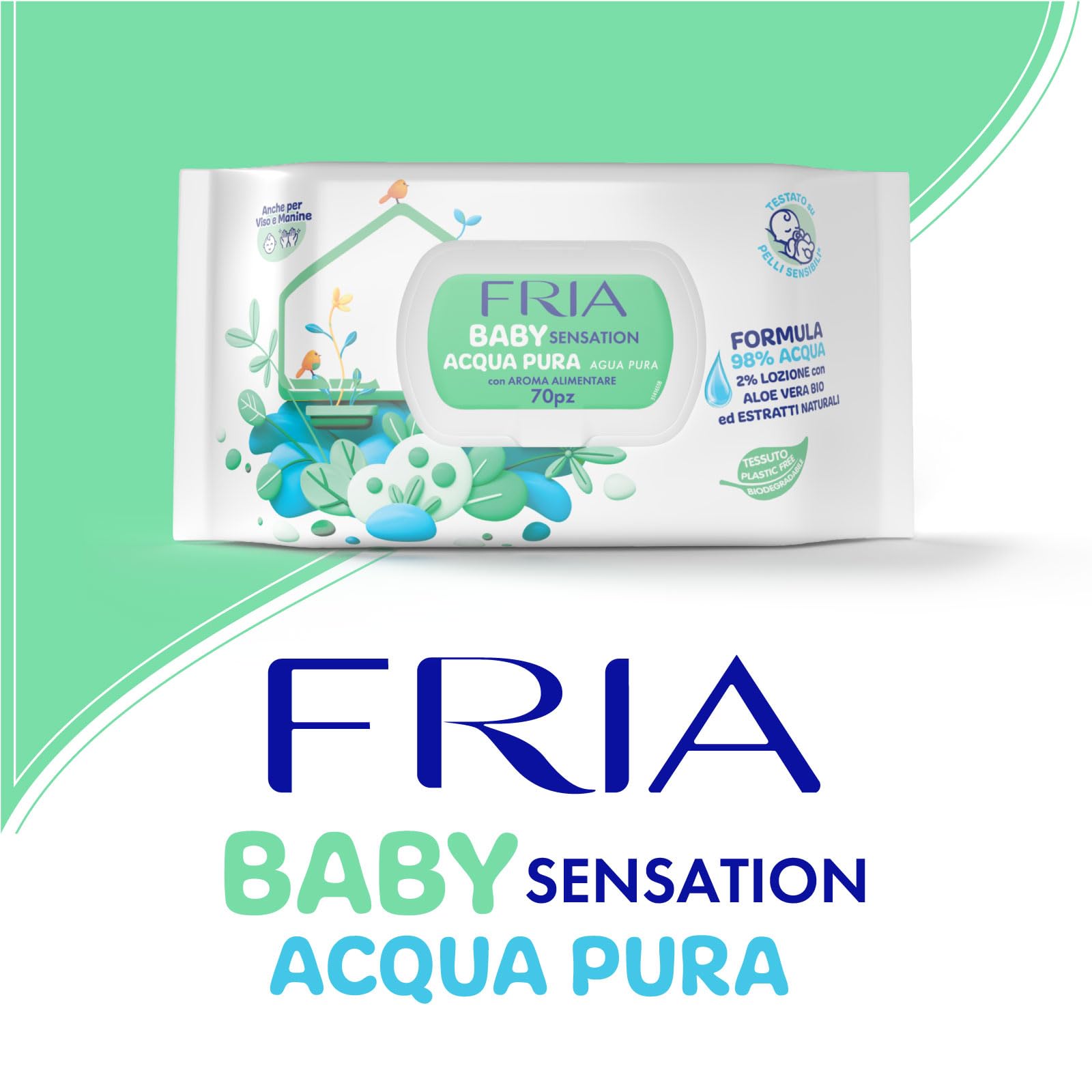 Fria Baby Sensation Acqua Pura Salviette per Cambio Pannolino, 98% Acqua Purificata, 70 Salviette