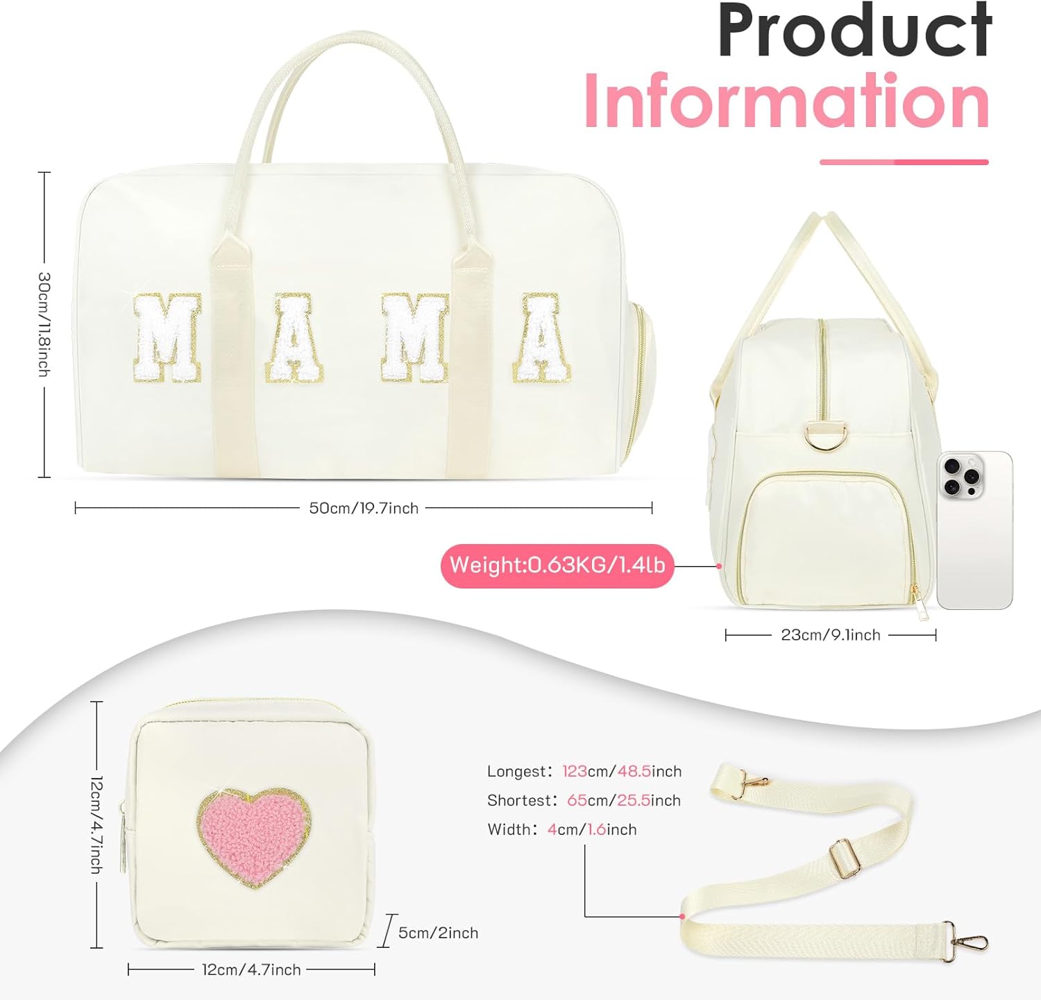 Mama Hospital Bag for Women Labor and Delivery Nylon Chenille Letter Embroidered Duffle Overnight Weekender Bag with Shoes Compartment and Mothers Day Gifts White - Image 3