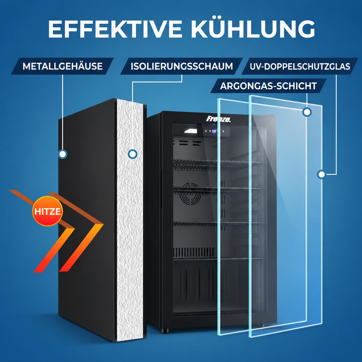 FREEZE. NinetyB+ 86L Getränkekühlschrank, Mini-Kühlschrank für 126 Dosen, Glastürkühlschrank, Weinkühler, kleiner Kühlschrank mit Glastür und verstellbaren Regalen, frostfrei, Schwarz