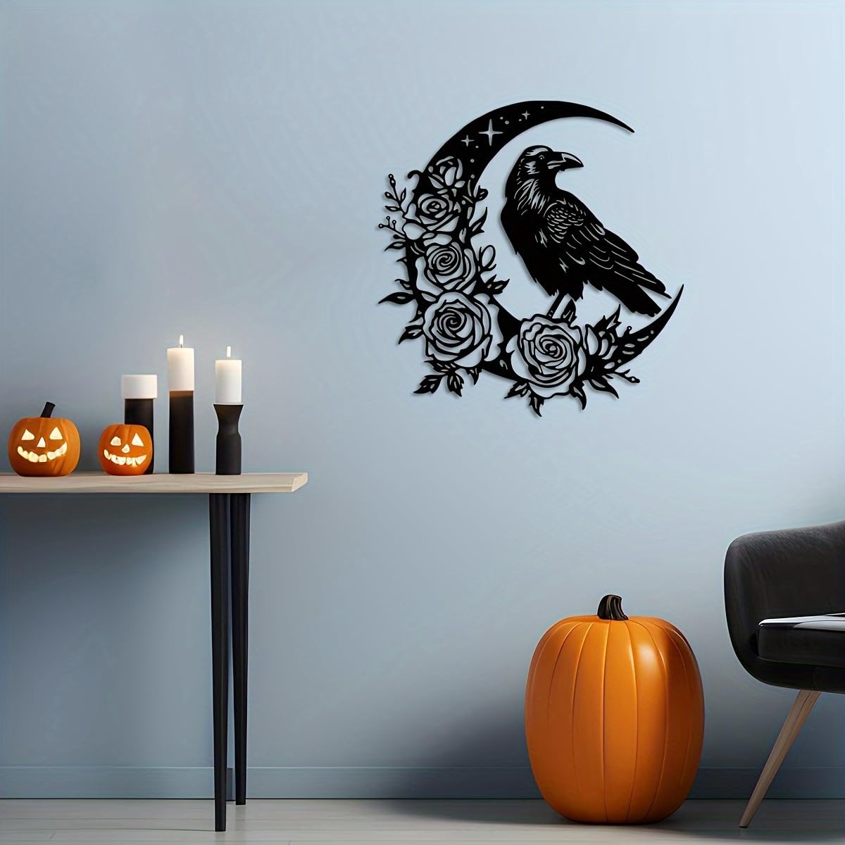 Generico Decoración de pared abstracta contemporánea de Metal con Arte de Cuervo Lunar, letrero colgante rústico Moderno para Sala de estar, dormitorio, oficina gótica o jardín Exterior.