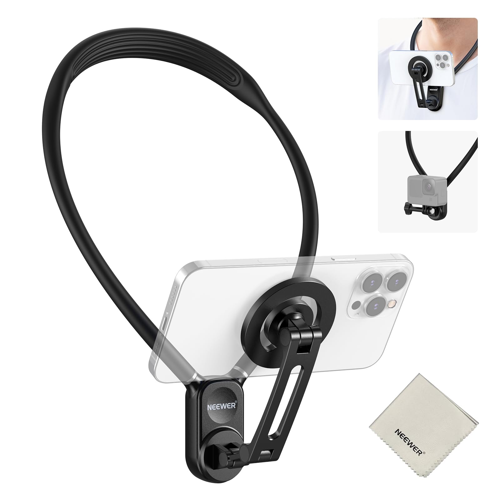NEEWER GP-16 - Soporte magnético de Cuello para cámara de acción y teléfono con paño de Limpieza, Soporte para móvil de Pecho para grabación de vídeo POV Vlog, Compatible con GoPro dji Insta360