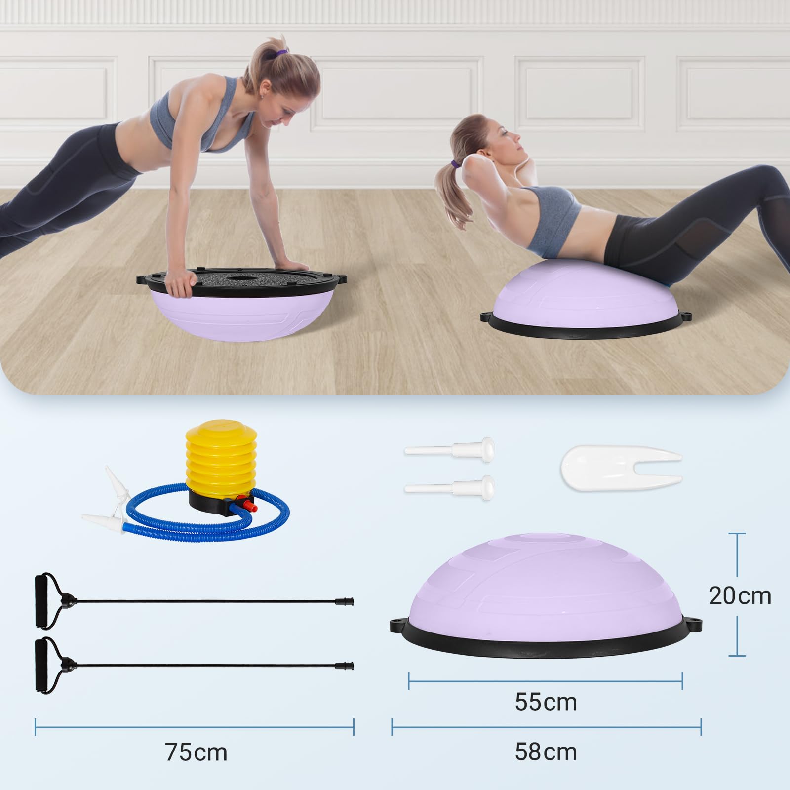 Leogreen Balanceball 58 cm für Yoga mit Bändern und Luftpumpe | Halbkugel-Fitnessball, aufblasbare Trainingsplatte für Gymnastik, Maximallast 200 kg