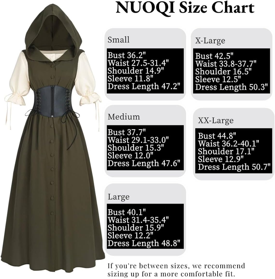 Nuoqi Renaissance Dress Women Medieval Costume Pirate Overdress with Blouse Corset Belt