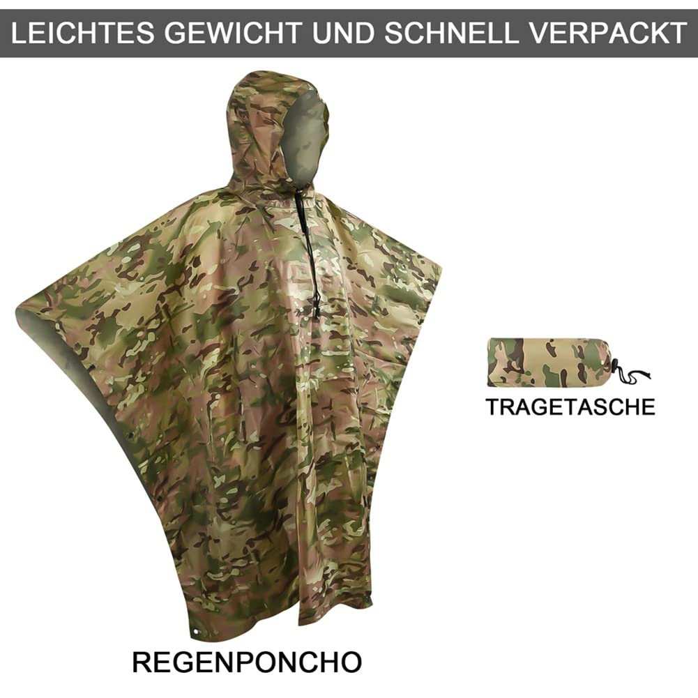 Wasserdichter Regenponcho mit Kapuze und Ärmeln für Camping, Wandern, 3-in-1, wiederverwendbarer, wasserdichter Regenmantel/Sonnenschutzplane/Zeltunterlage