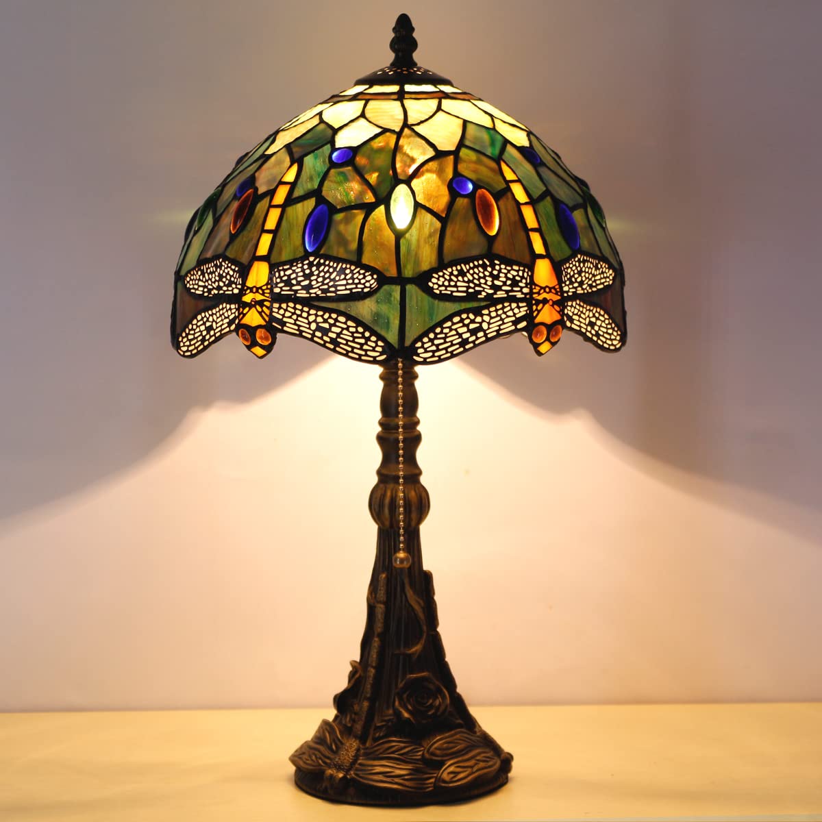 Photo 1 of ZJART Tiffany Lamp Reading Lamp Stained Glass Dragonfly Table Lamp W12H19 Inch Antique Bedside Nightstand Desktop Work Study Light Decor Home Kids Bedroom Living Room Office Pull Chain Switch Yellow White Purple Blue