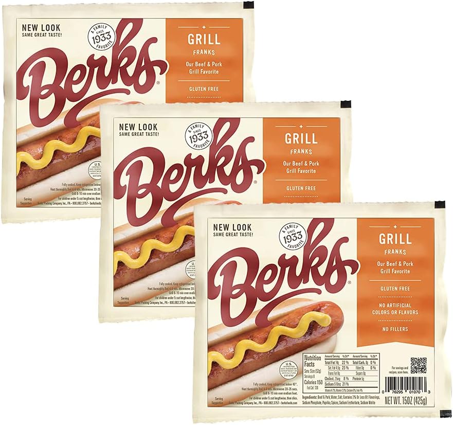 Berks Beef and Pork Grill Hot Dogs, 8 per Pack (Pack of 3), Gluten-free