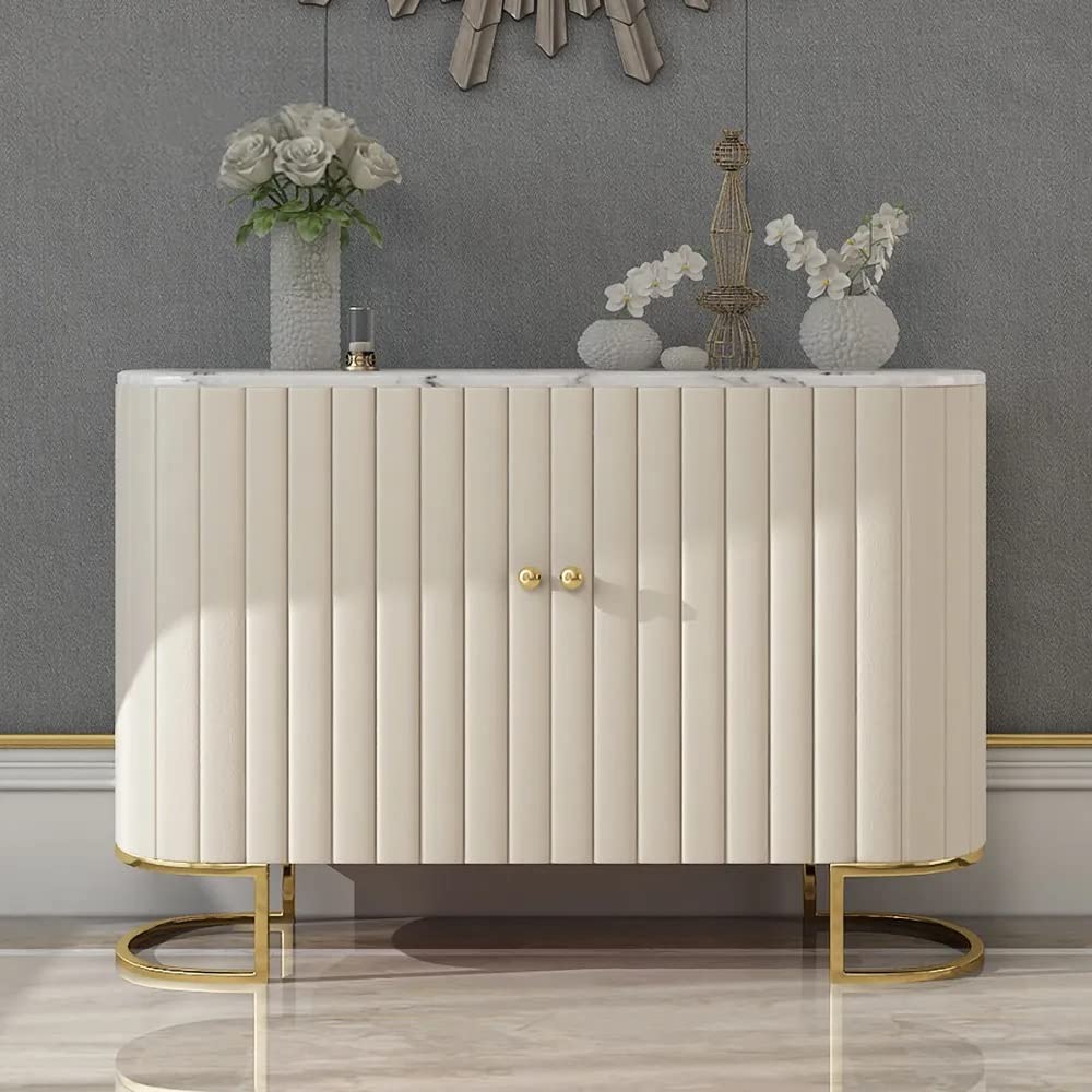 Vandana Interiors Buffet Buffet Moderne en Cuir PU Blanc cass? avec Portes et tiroirs Dor?