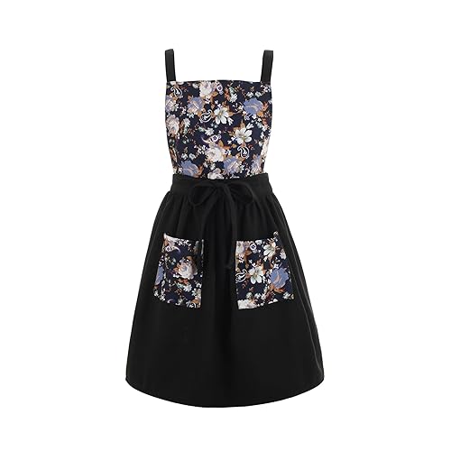 Pinknoke Vintage Pinafore Apron Dress for Women with Pockets Cute Floral Chef Aprons for Kitchen Cooking Baking Gardening - Black