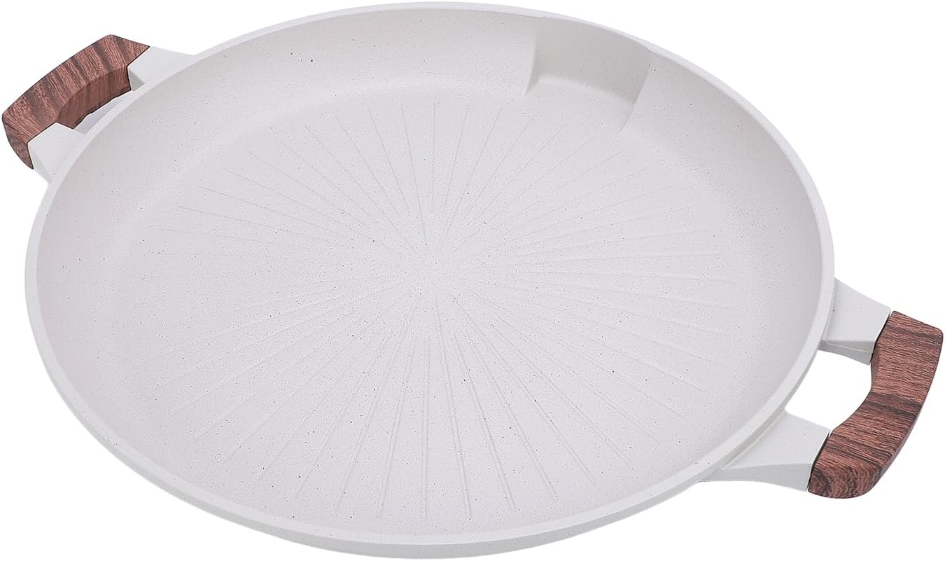 Korean BBQ Grill Pan, 13.4 Inch Round Maifanite Multifunctional Even Heat Distribution Grill Pan for Indoor Cooking, Griddle for Stove Top with Nonstick Surface for Indoor