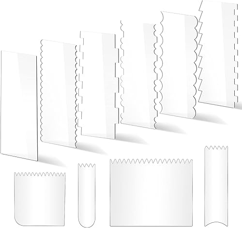 Juego de 10 raspadores de tartas más suave, acrílico para glaseado, 6 piezas con 11 patrones de borde y 4 raspadores de plástico suave para glaseado
