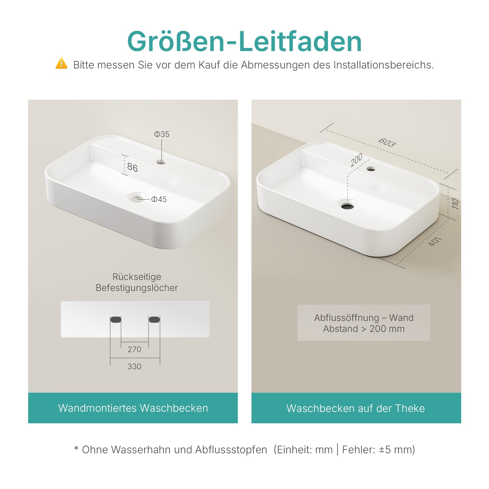EMKE Waschbecken Aufsatzwaschbecken, Hängewaschbecken für Badezimmer Gäste WC 60 x 40 x 11 cm, Eckig Handwaschbecken Waschtisch Bad Waschbecken Klein Wandwaschbecken Waschschalen Weiß
