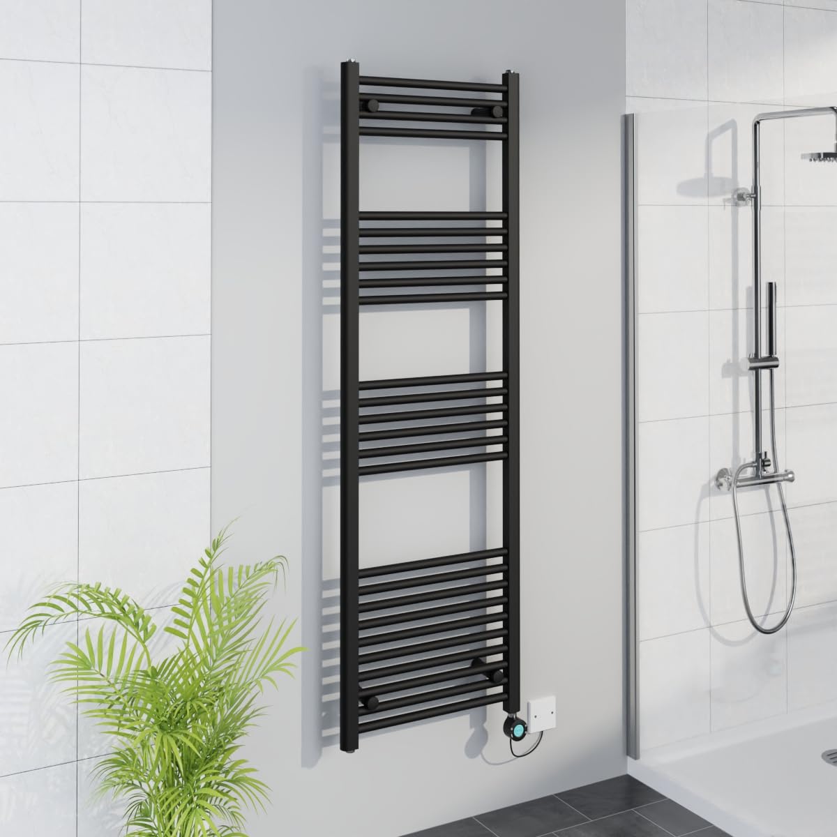 Warmehaus Smart WiFi Thermostatic Electric Bathroom Straight Heated Towel Rail Warmer Radiator with Timer 1600x500mm - Black