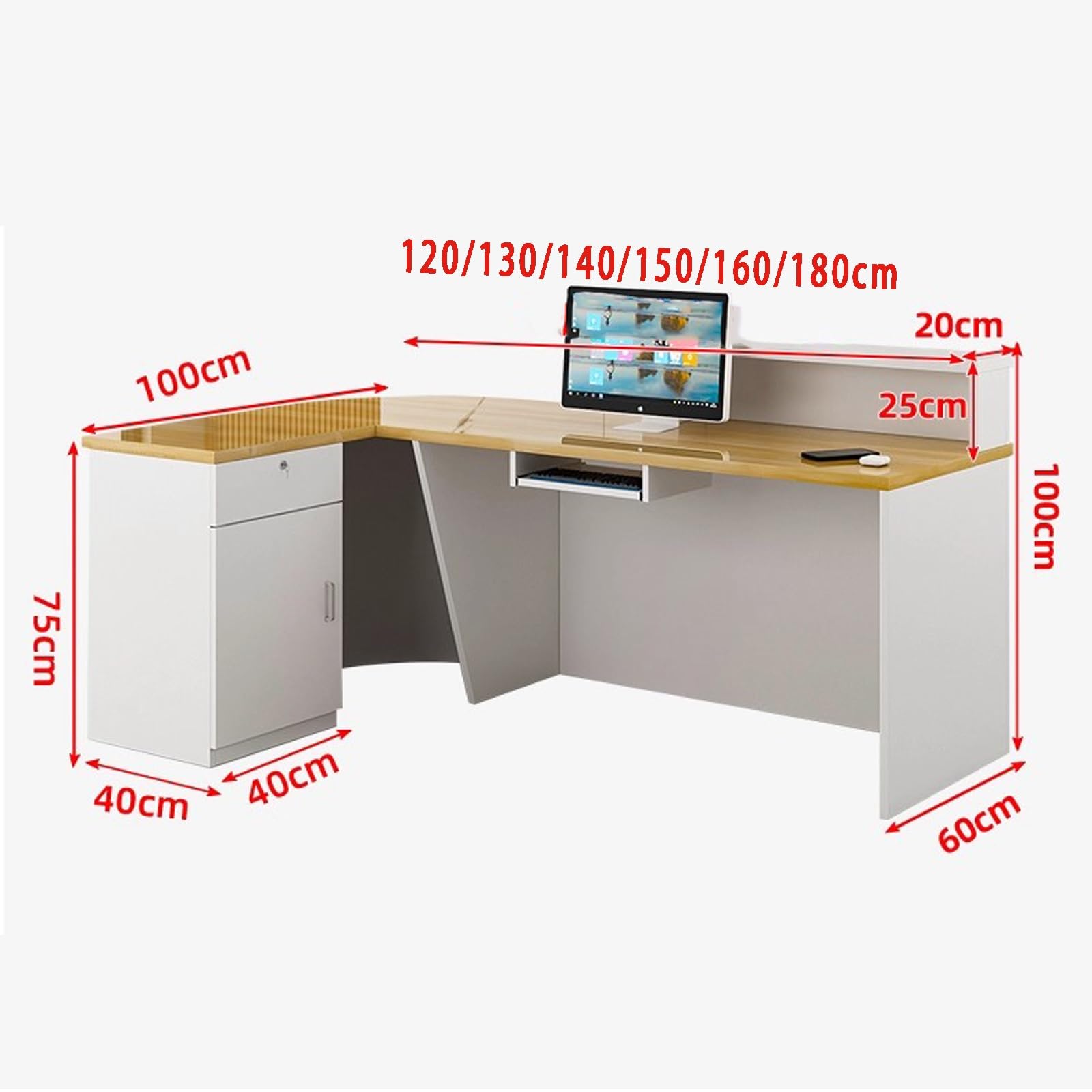 Banco Reception A L Con Ripiano Per Tastiera, Cassetto Con Serratura, Luce LED, Griglia In Legno Massello, Adatto Per Negozi Di Abbigliamento, Hall(Gray,RIGHT_180X60X100CM)