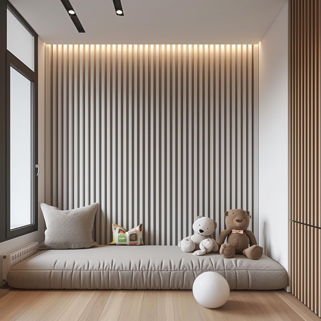 Paneles acústicos decorativos 3D MDF 2 piezas 26,5x240 cm blanco sobre base negra con listones verticales modernos para espacios interiores luminosos