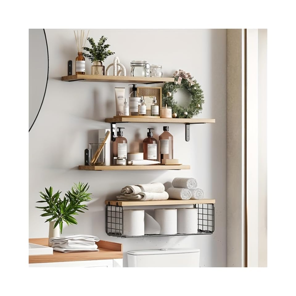 WHFEVDFY Floating Shelves Wall Mounted for Wall Decor Storage, Set of 4 with 1 Storage Basket, Easy-To-Assemble, Sturdy Wood Wall Wall Shelves for Living Room, Bedroom, Kitchen, Office, Books